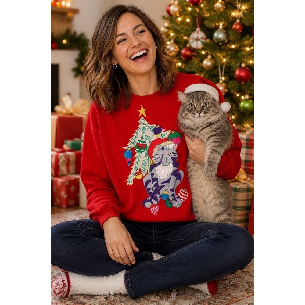 Vintage Jerzees Christmas Cat Sweatshirt Large Hand Painted Appliqué USA